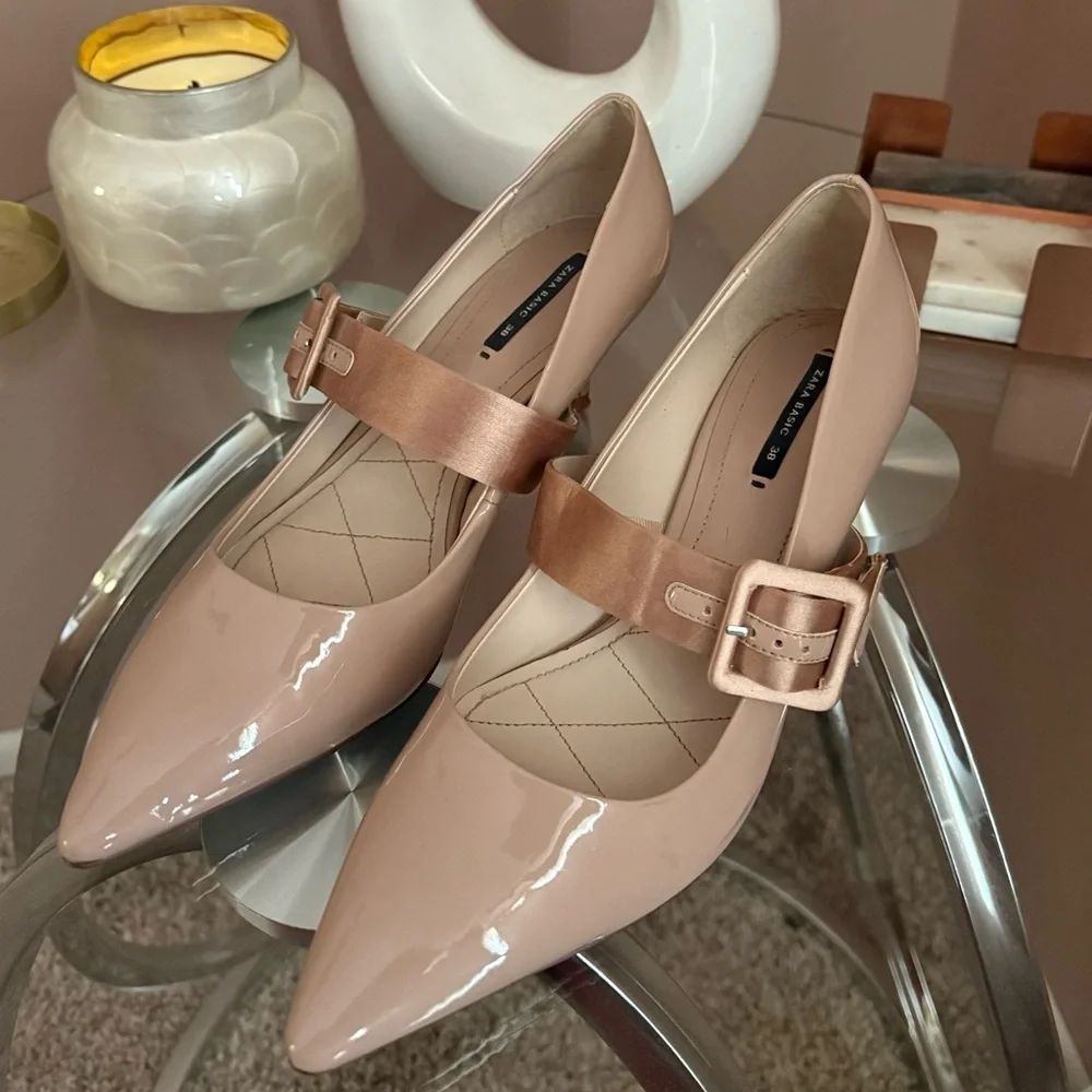 Zara Nude Patent Leather Kitten Heels with Buckle 38 - Picture 3 of 9